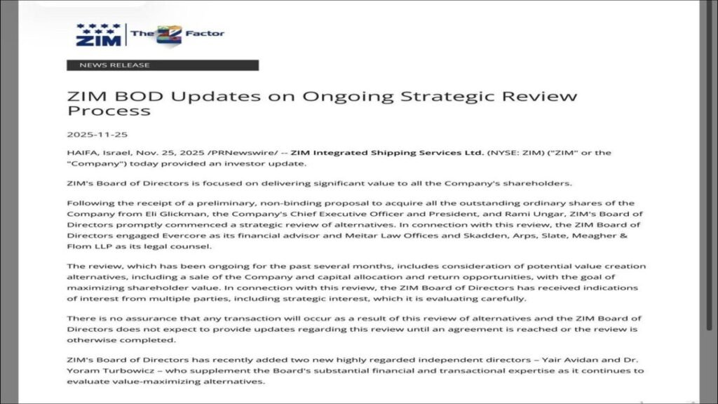 ZIM Board Updates on Strategic Review for Shareholder Value