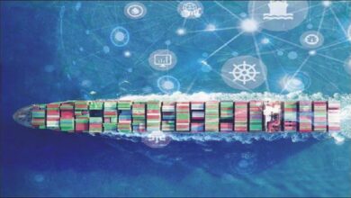 A futuristic smart ship with digital overlays, symbolizing advanced maritime technology and connectivity.