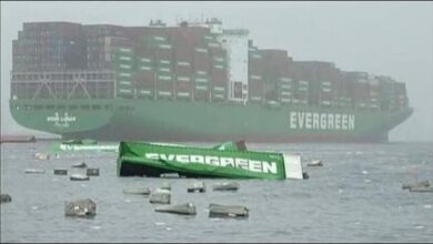 Evergreen container ship with damaged reefer containers after a maritime cargo loss incident.
