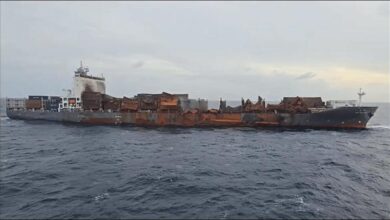 Fire-damaged Wan Hai 503 containership undergoing salvage and cargo offloading.