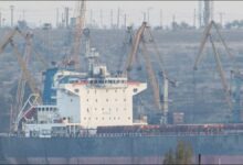 A damaged cargo ship in Odesa port after a Russian missile strike.
