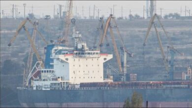 A damaged cargo ship in Odesa port after a Russian missile strike.