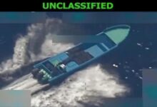 A suspected drug smuggling boat after a US military strike in the Pacific.