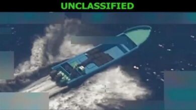 A suspected drug smuggling boat after a US military strike in the Pacific.