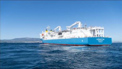 Levante LNG bunkering vessel docked at port, symbolizing alternative marine fuel.