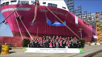 The new ONE Satisfaction methanol/ammonia-ready container ship at its naming ceremony in Japan.