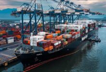 Cranes load container ships at a bustling port terminal, reflecting Hapag-Lloyd and DP World operations.