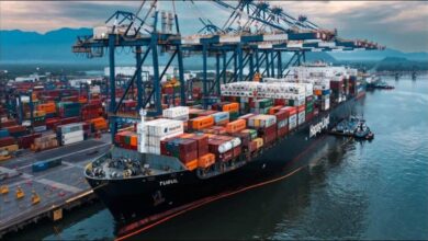 Cranes load container ships at a bustling port terminal, reflecting Hapag-Lloyd and DP World operations.