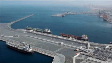 A large vessel is bunkered with marine fuel at the bustling port of Fujairah, UAE.