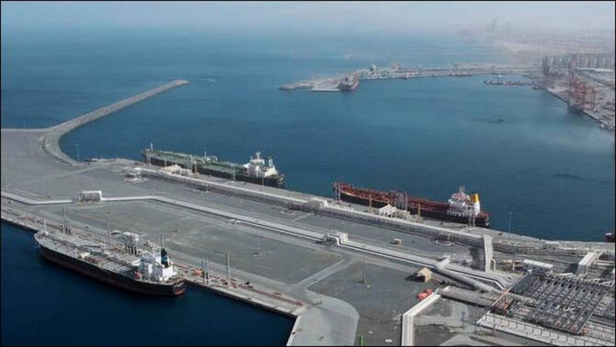 A large vessel is bunkered with marine fuel at the bustling port of Fujairah, UAE.