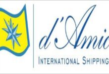 A modern D'Amico eco-design tanker vessel sails on the blue sea.