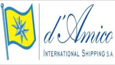 A modern D'Amico eco-design tanker vessel sails on the blue sea.