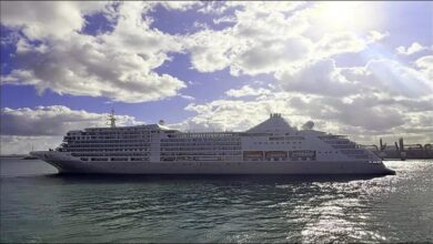 The large Silver Muse cruise ship docked at the Casablanca Cruise Port.