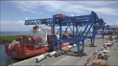 Container ships, cranes, and stacked cargo at Florida International Terminal, Port Everglades.