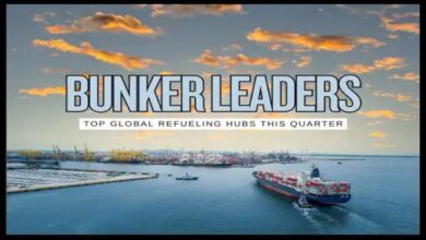 A large tanker refuels a cargo ship at a busy port, illustrating Q3 2025 marine bunkering.