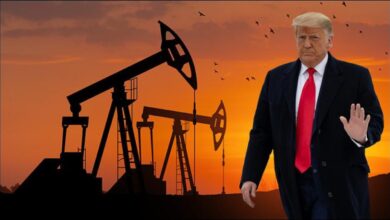 Graphic of Donald Trump with a gas pump nozzle and rising oil prices.