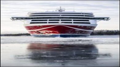 A Viking Line ferry sails on the water, symbolizing sustainable maritime transport.