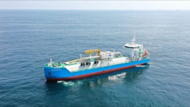 The FueLNG Bellina LNG bunkering vessel sails in Singapore waters.