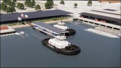 Rendering of an electric tugboat charging at the Port of Los Angeles.