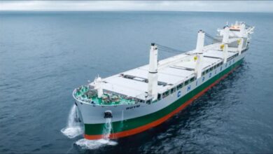 A large Chipolbrok special cargo ship sails on calm water.