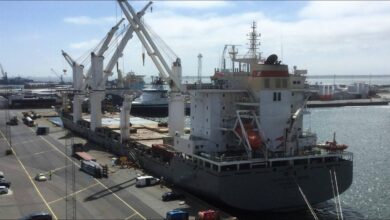 A large Chipolbrok cargo ship sails on calm water under a partially cloudy sky.
