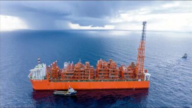 A large LNG-ready crude oil tanker, the M/T P. Marseille, sails at sea.