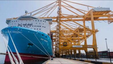 Large Maersk container ship, Anne Maersk, sailing on the open ocean.