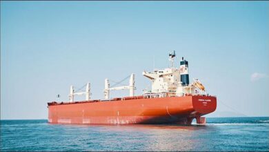A large cargo ship, likely operated by Marubeni Group, sails on the open ocean.