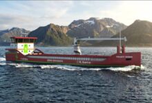 Rendering of K. Sætre Rederi's new fully electric cargo vessel for Norwegian routes.