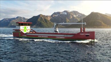 Rendering of K. Sætre Rederi's new fully electric cargo vessel for Norwegian routes.