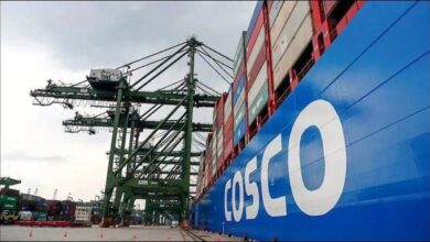 Cosco container ship docked at Yantian Port for green methanol bunkering.