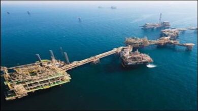 Aerial view illustrating the Al Nasr offshore field development facilities for ADNOC.