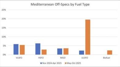 A large cargo ship named Mediterranean emits exhaust fumes while underway at sea.