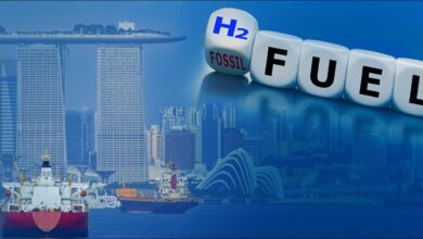 Container ships navigate a busy port in Singapore, representing maritime decarbonization efforts.