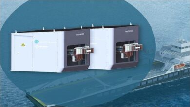 Illustration of a Fjord1 electric ferry charging at a NES shoreside station.