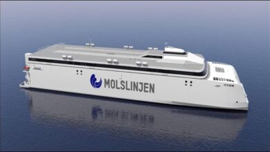 Molslinjen's sleek new battery-electric ferry sailing on calm blue water.