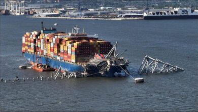 Remains of the collapsed Francis Scott Key Bridge in Baltimore's Patapsco River.