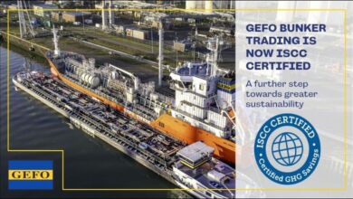 GEFO cargo ship at sea with a bunkering vessel for sustainable marine biofuel supply.