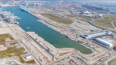 Multiple container ships docked at APM Terminals Maasvlakte II in Rotterdam port.