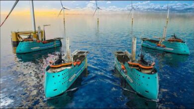 The new Acta Pegasus methanol-ready offshore wind vessel on the open sea.