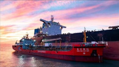 Large vessel receiving bunker fuel at Zhoushan port, China.