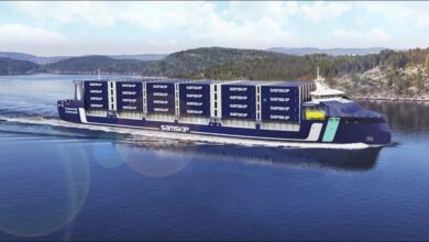 Rendering of Samskip's new hydrogen-powered container vessel sailing on the sea.