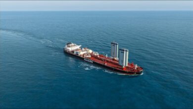 Union Maritime's new LNG and wind-assisted LR2 tanker sailing at sea.