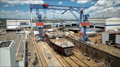 Philly Shipyard, with large ships under construction, illustrating Hanwha Ocean's expansion.