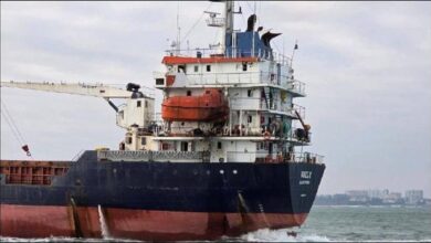 Damaged cargo ship Wael K after being struck by a Russian drone near Ukraine.
