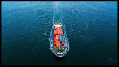 A large MSC container ship sails on the ocean under a partly cloudy sky.
