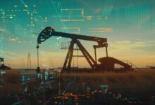 Stacked black oil barrels symbolize global crude oil markets and price fluctuations.