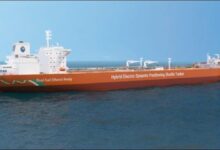 AET's new hybrid-electric, dual-fuel tanker sailing on the ocean.