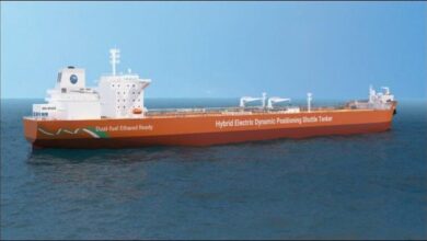 AET's new hybrid-electric, dual-fuel tanker sailing on the ocean.