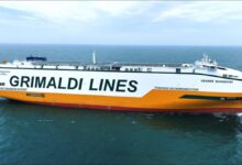 The Grimaldi Group’s Grande Shanghai PCTC vessel sails on the open sea.